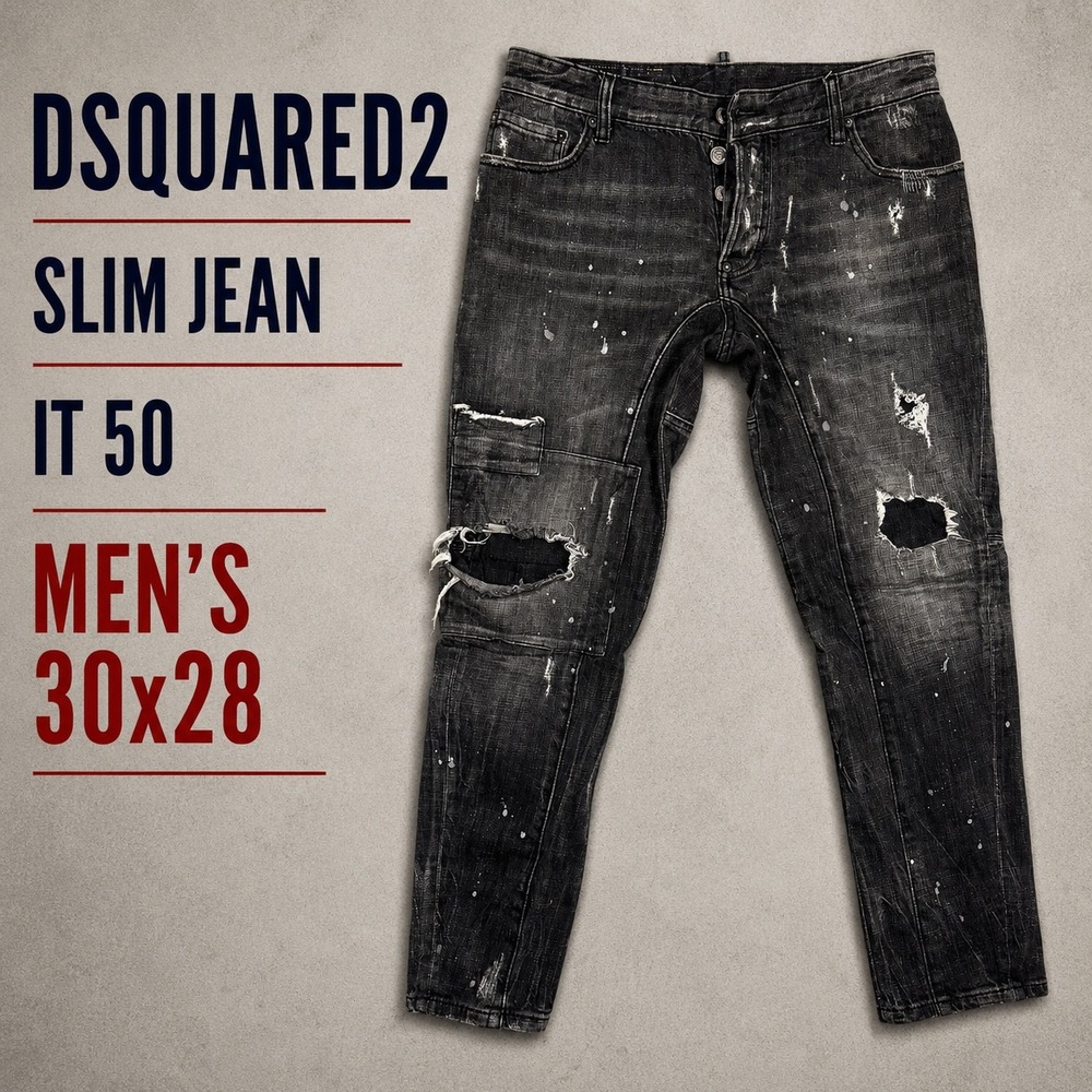 Dsquared2 Slim Jean Mens 30x28 IT 50 Faded‎ Black Distressed Paint Splatter